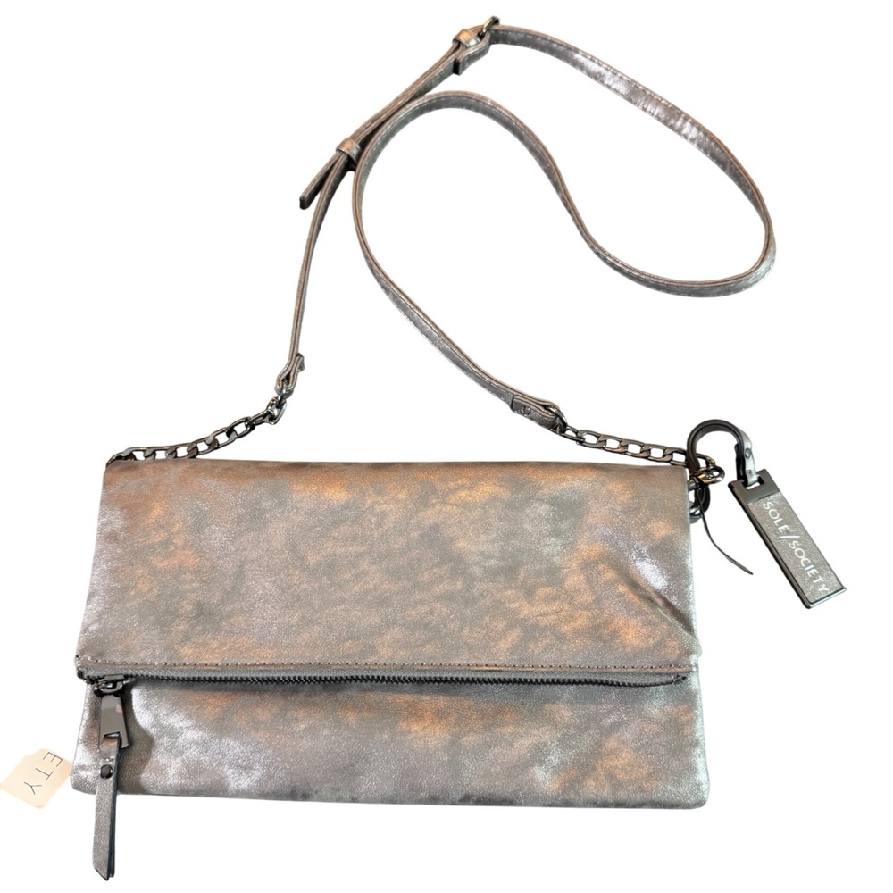 Sole Society Vegan Crossbody Bag OS Pewter Metallic Foldover Clutch Edgy Chic